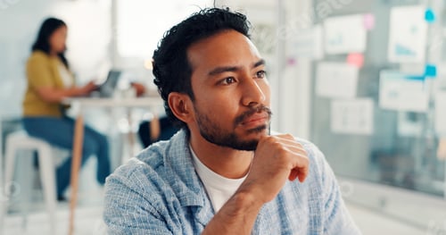 Preview: Man, thinking and insight at startup for review, project management and decision at digital agency