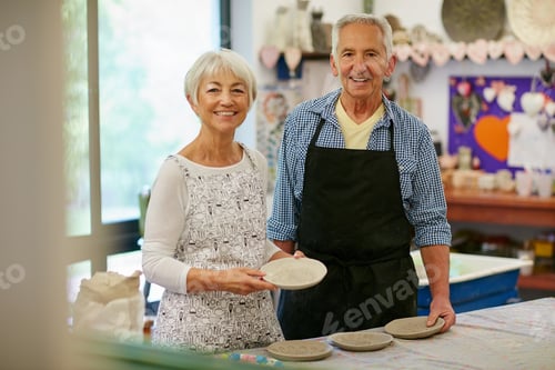 Preview: Portrait, old couple and handcraft in workshop, pottery and creative for production