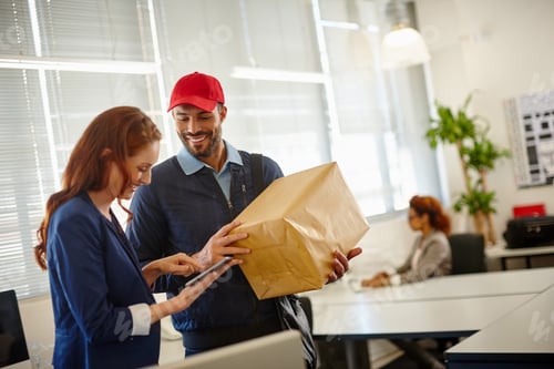 Preview: Courier, tablet and signature with people in office for company supplier