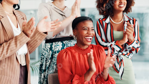 Preview: Happy women, team and good news with applause for bonus, business success or promotion in office