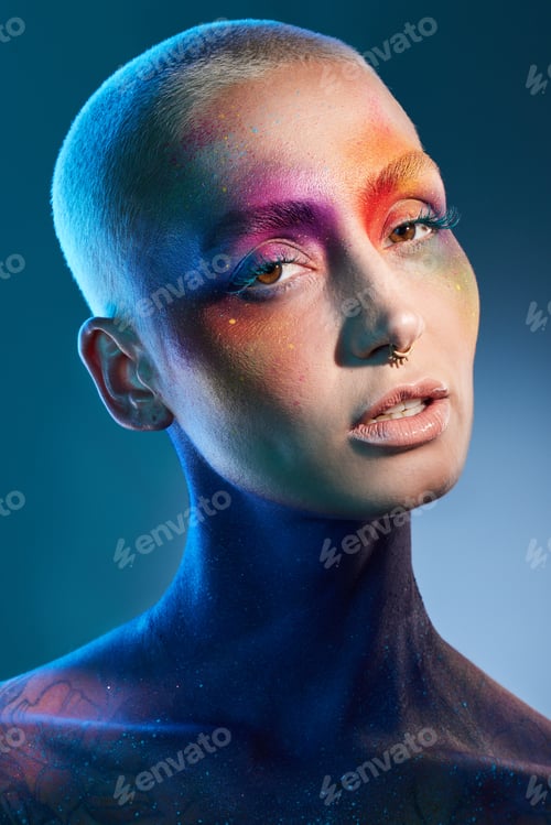 Preview: Beauty, portrait and paint with woman in studio for art deco, color splash and creative aesthetic