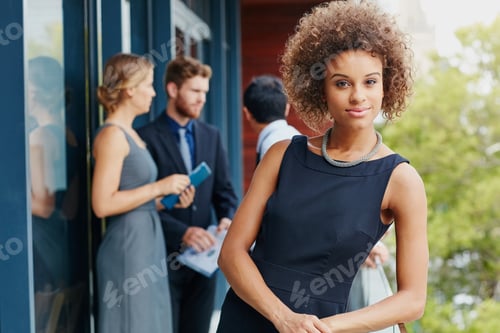 Preview: Professional, portrait and woman on balcony with colleagues for pride, corporate lawyer