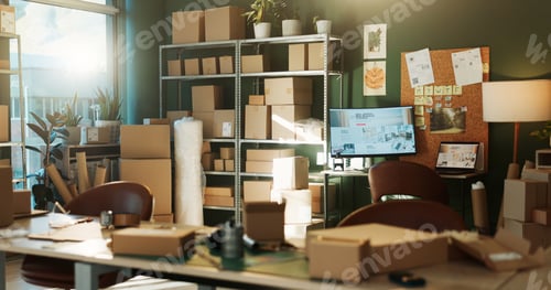 Preview: Empty, office and boxes with desk for logistics, supply chain and distribution for small business