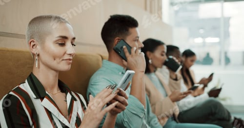 Preview: Waiting room, phone and woman for business, job interview and opportunity in office