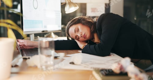 Preview: Sleeping, night and business woman at desk for working late, overtime and burnout for deadline