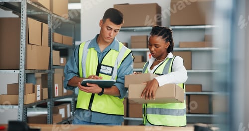 Preview: People, tablet and boxes for logistics at warehouse for label details, information and supply chain