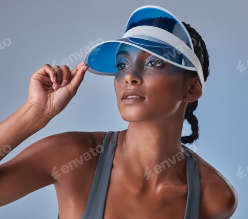 Preview: Health, thinking and visor with woman in studio for fitness, reflection and workout vision