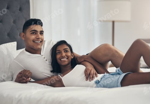 Preview: Happy couple, relax and bed in home with bonding, connection and break with affection in morning