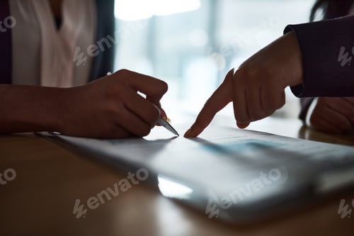 Preview: Pointing, hands or people with contract for signature, lease agreement or subletting renewal