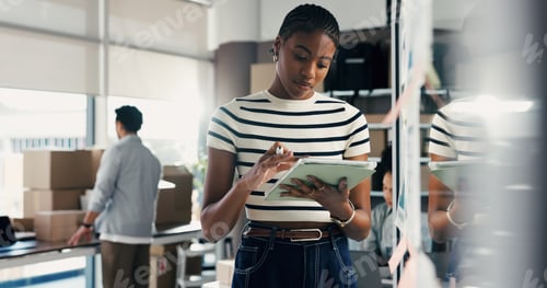 Preview: Ecommerce, woman or scroll with tablet for planning, brainstorming logistics