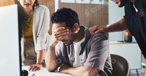 Preview: Frustrated, businessman and team with support for mistake, project deadline or failure in office