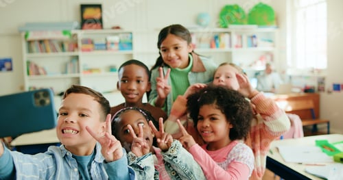 Preview: Education, peace sign and selfie with children in class together for learning or memories