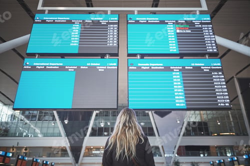 Preview: Woman, airport and back with schedule on monitor for flight, travel and international trip