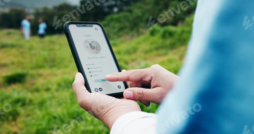 Preview: Phone screen, hands and dog NGO app with volunteer, booking or choice for animal rescue outdoor