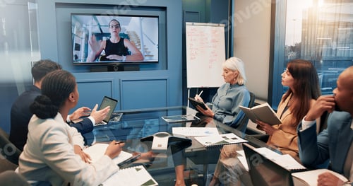 Preview: Finance, meeting and video call with business people in boardroom for investment or risk management