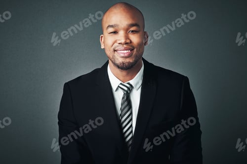 Preview: Happy, business and black man with portrait in studio for career pride, ambition and accountant