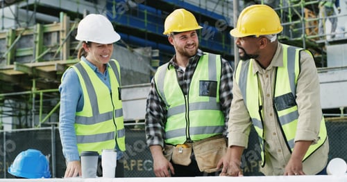 Preview: Discussion, blueprint and construction employees on site with collaboration for infrastructure