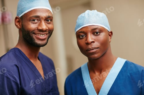 Preview: Portrait, surgeon and people in hospital with smile for medical assistance, career growth and pride