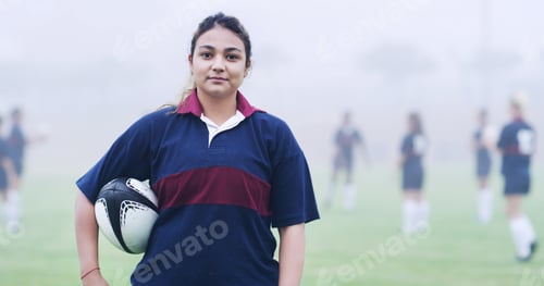 Preview: Rugby, ball and portrait of woman on field for training, game challenge and sports tournament