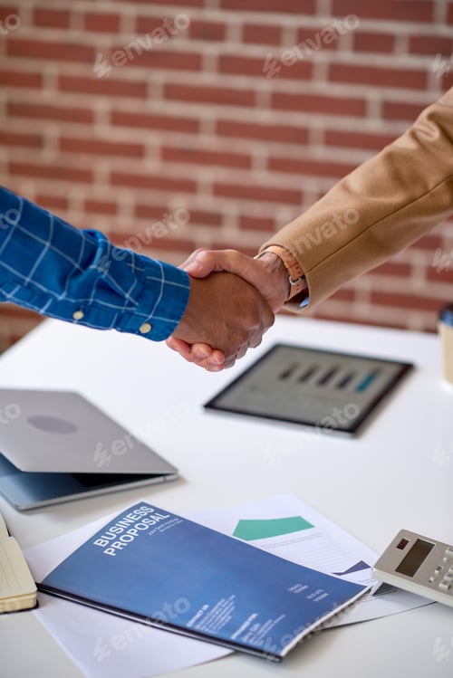 Preview: Documents, deal and business people in office with handshake, tech and data analysis