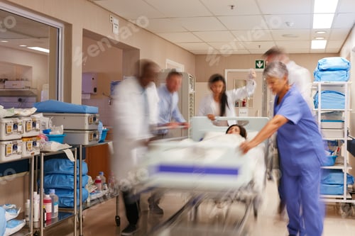 Preview: Emergency, people and rush with patient in hospital, urgent medical response