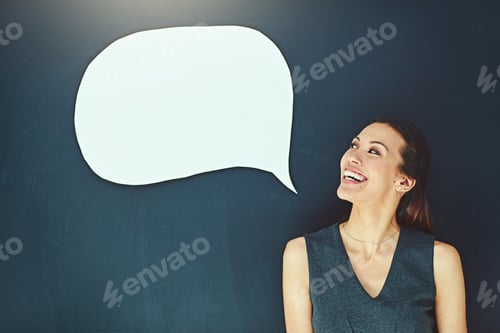 Preview: Speech bubble, smile and icon with woman in studio for social media opinion, mockup and happy