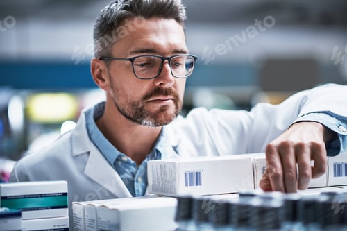 Preview: Pharmacist, man and search for medicine, stock management and sorting for medical inventory