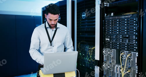 Preview: Cybersecurity, upgrade and man with laptop, coding or check server performance and network engineer
