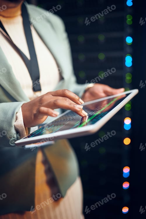 Preview: Hands, programming and woman in server room, tablet for software development and bokeh