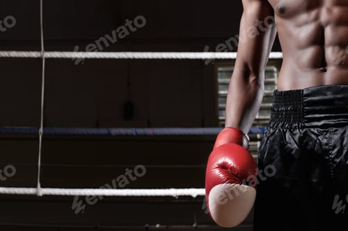 Preview: Boxing, night and man in ring with gloves, endurance and progress goal in power sport