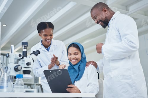 Preview: People, scientist and applause with clipboard in lab for good news, research and experiment success