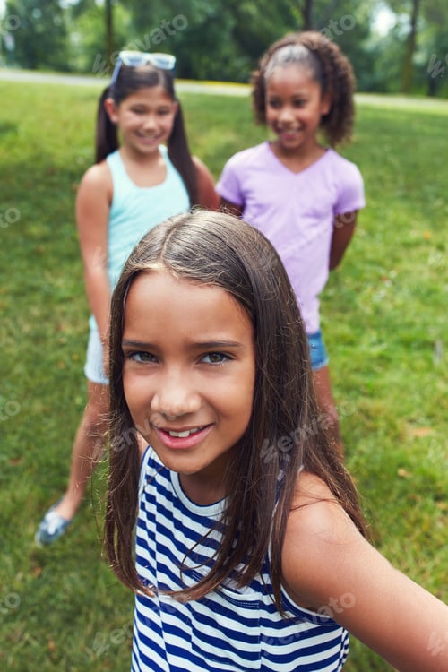 Preview: Happy, outdoor and portrait of girls in park for playing, bonding and fun together on weekend