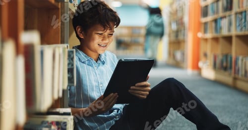 Preview: Learning, student and tablet with boy in library for back to school development, growth or study