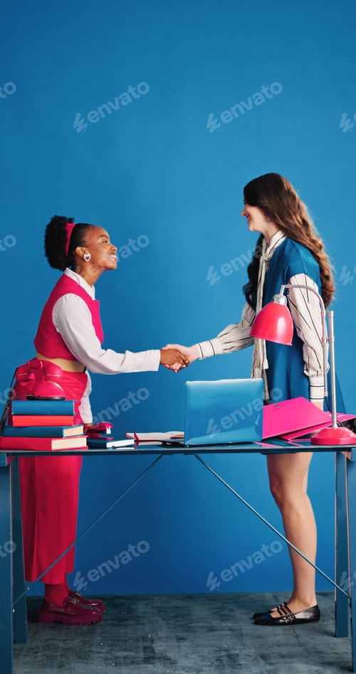 Preview: Deal, handshake and partnership with women in studio together for collaboration or retro business