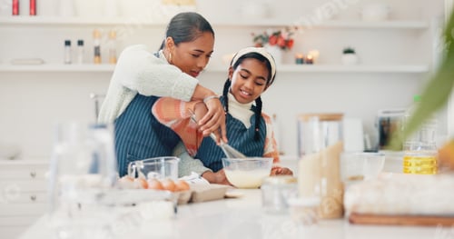 Preview: Baking, mixing and mother teaching daughter in kitchen of home for child development or growth