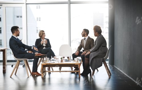 Preview: Coffee, meeting and business people for partnership, smile or feedback in office