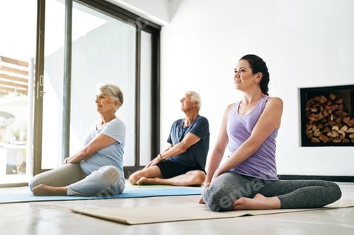 Preview: Fitness, stretching and yoga instructor with old couple in home studio for health or wellness