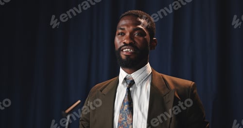 Preview: Black man, speaker and convention with mic for speech, congress or political statement on podium