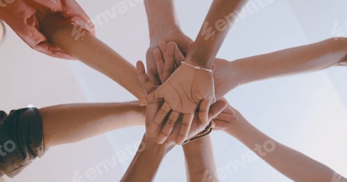 Preview: Hands, stack and team at office with low angle, support or solidarity for goal in circle at startup