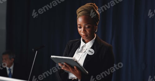 Preview: Podium, politician and woman on tablet for speech notes, election debate and prepare on stage