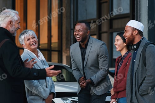 Preview: Happy, business people and laughing with team for funny joke, humor or comedy together in city