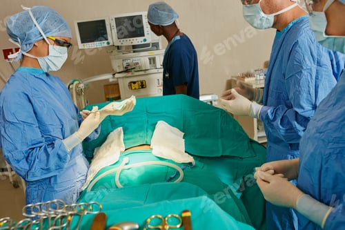 Preview: Operating room, surgeon and nurses with medical tools for procedure, instrument preparation or ppe