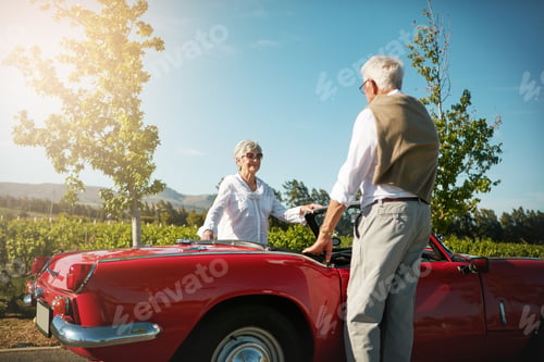 Preview: Outdoor, sunglasses and old couple by car for road trip, holiday start and journey preparation