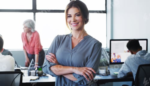 Preview: Confident, portrait and woman with arms crossed, office and journalist with smile and career growth