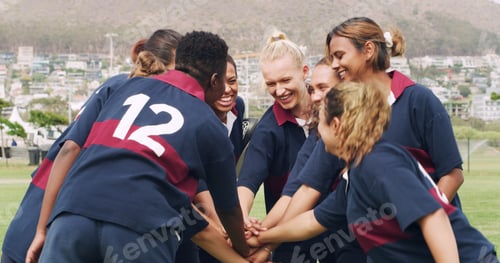 Preview: Sports, stack and rugby with women on field for support, community and premiership league