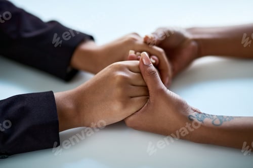 Preview: Empathy, grief and holding hands with couple in home together for love, security or trust