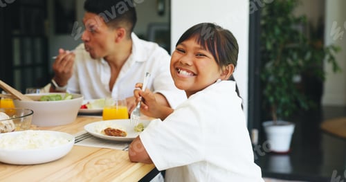 Preview: Portrait, girl eating and family lunch in home with food for healthy nutrition, cuisine and bonding