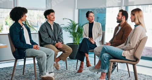 Preview: Group therapy, people and listen to story for support, accountability and addiction recovery