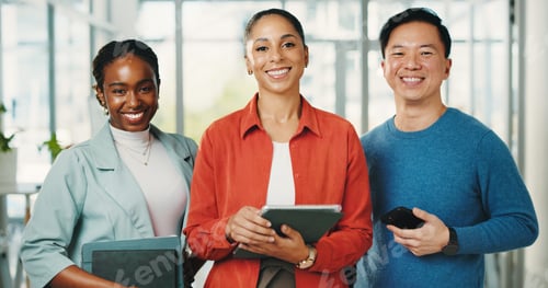Preview: Portrait, team and people with tech, office or happy for story opportunity