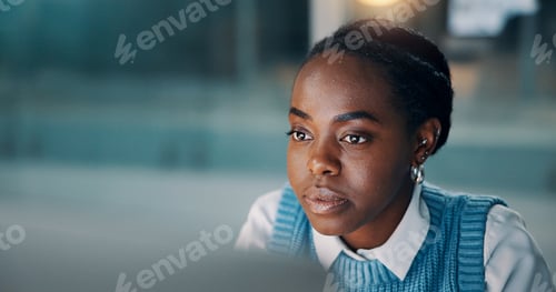 Preview: Business, black woman or reading on computer at agency for story review